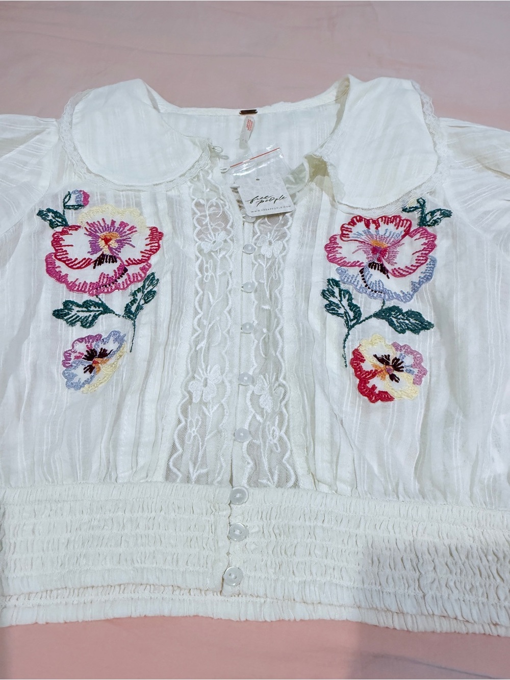 Embroidered Cream Short-Sleeve Cotton Top with Peter Pan Collar - Free People - Picture 3 of 3